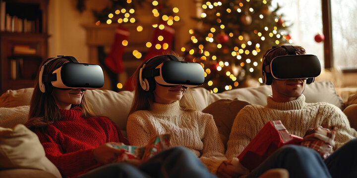 Three young people wearing virtual reality headsets. A man with brown hair and a woman with blonde hair sit beside a girl with brown hair. Christmas decorations in the background.