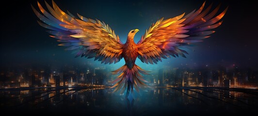 minimalist illustration of phoenix with mosaic various colors shaped wallpaper, ai generative