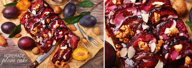 Fototapeta premium Banner with homemade plum cake and fresh fruits in top view