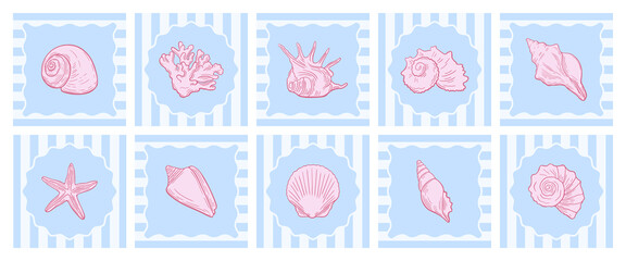 Hand-drawn pink seashell icons, marine life line drawing elements on blue striped background set. Scalloped frames cards in a nautical decorative style. Ocean art print covers.