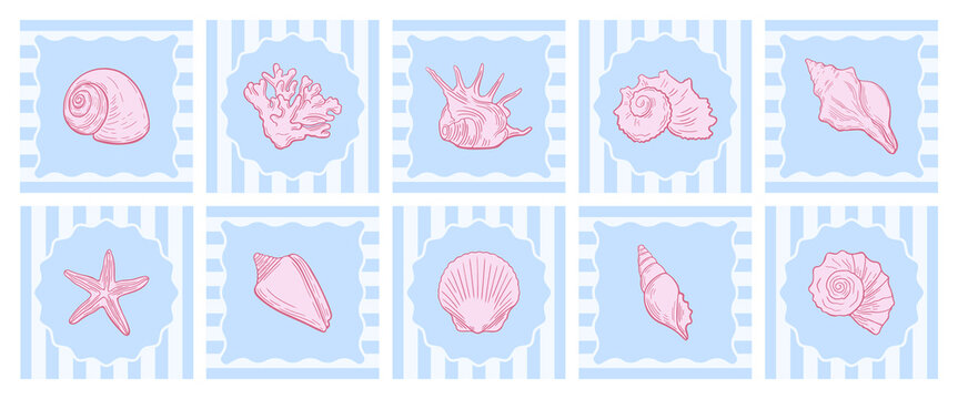 Hand-drawn pink seashell icons, marine life line drawing elements on blue striped background set. Scalloped frames cards in a nautical decorative style. Ocean art print covers.