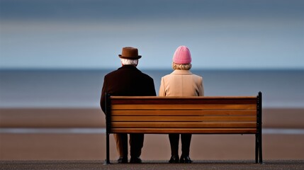 Two elderly people sitting on a wooden bench by the ocean
