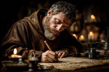 A Christian monk scribing an ancient manuscript in a dark room illuminated by candles.