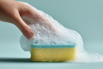 Fototapeta premium Hand holding a sponge with thick soap foam.