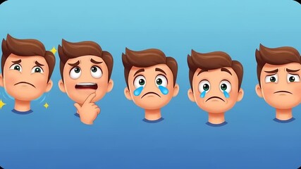 Five cartoon expressions of a young boy showcasing various emotions against a gradient blue background