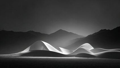 Monochrome desert landscape; soft light illuminates sculpted dunes