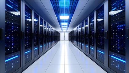 Ultra-wide shot of a futuristic cloud computing data center filled with glowing server racks and cool blue lighting, capturing a high-tech and modern atmosphere. Perfect for IT services