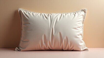 A light beige pillow sits on a pink surface against a peach background.