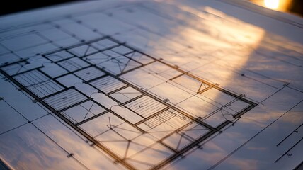 Illustration of architectural blueprint for a house plan, showing rooms and structure with warm light