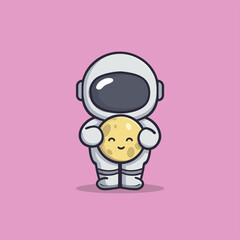 Cute Cartoon Vector Icon of an Astronaut Holding the Moon in Space with a Playful Design