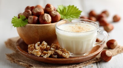 Hazelnut Milk in Glass Cup with Walnuts and Hazelnuts on Wooden Table