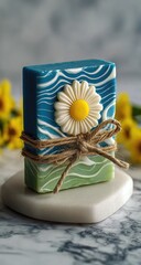 A rectangular bar of soap, teal and mint green, adorned with a daisy