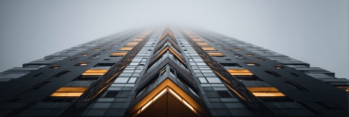 Modern skyscraper facade, viewed from below, in the mist