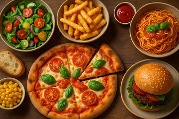 Delicious Pizza Burger Pasta Fries and Salad A Food Feast