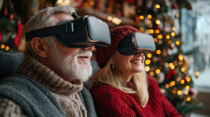 Elderly couple wearing VR headsets and experiencing virtual reality while sitting near a decorated Christmas tree, enjoying festive technology and holiday cheer