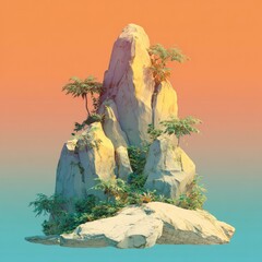 A stylized, light-beige rock formation, topped with tropical foliage, sits isolated against a gradient sunset backdrop