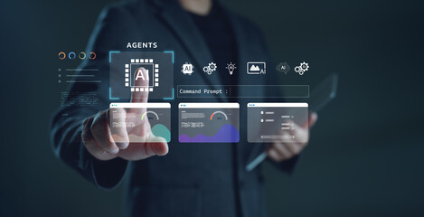 AI agents interface with digital dashboard and analytics charts, showing data visualization and command prompt, representing artificial intelligence, automation and advanced technology solutions.