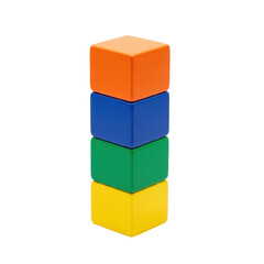 Obraz premium Meticulously arranged stack of smooth, geometric building blocks in vibrant orange, royal blue, emerald green, yellow, perfectly isolated on a transparent studio background, conveying foundational