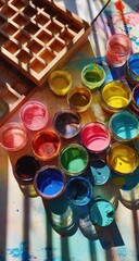 Colorful paint containers arranged on a table, showcasing vibrant hues.  Wooden tray with compartments in the background. Sunlight casts shadows