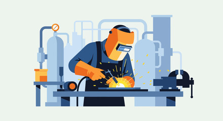 Vector Illustration of a Welder at Work with Protective Gear and Sparks