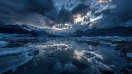 Glacier fragments reflecting under ominous sky with mountains in background