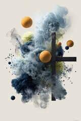 Abstract composition featuring a dark cross amidst swirling, colorful smoke and floating orbs