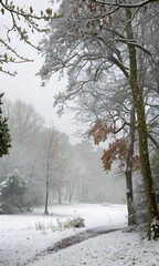 Soft drifting snow over silent woodland glade PNG. AI GENERATED.  
