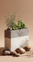 Modern planter with herbs,  pale beige background.  Gray/white concrete box holds greenery.  Stones surround.  Soft light
