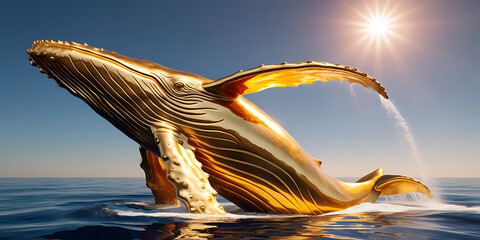 A golden whale breaching the ocean surface under a bright sun against a clear blue sky background
