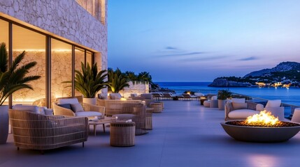 Obraz premium Luxury hotel terrace overlooking tranquil bay at dusk with fire pit