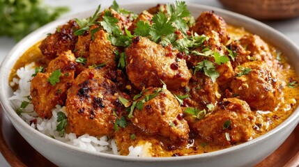 Fototapeta premium Delicious Chicken Tikka Masala with Rice and Cilantro Garnish Close Up
