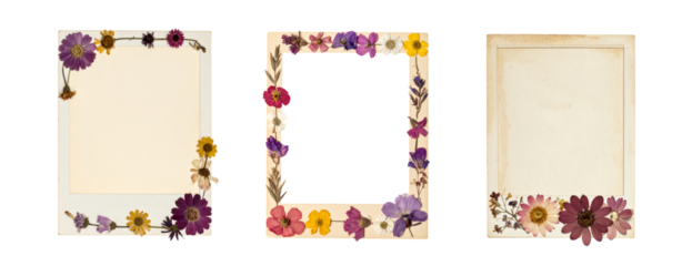 Three isolated and uniquely designed polaroid photo frames decorated with dry flowers; isolated on a transparent background; PNG