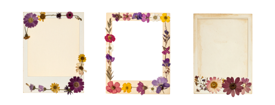 Three isolated and uniquely designed polaroid photo frames decorated with dry flowers; isolated on a transparent background; PNG