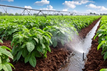Irrigation system watering potatoes growing in a field with center pivot sprinkler system in background