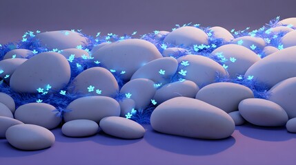A glowing collection of stones and tiny blue flowers.