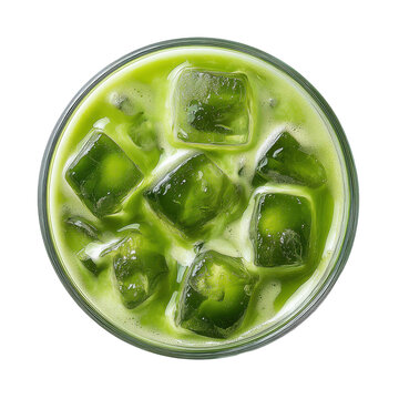 Iced matcha latte in glass with ice cubes on transparent background