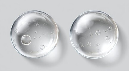 Two clear, sphere-shaped drops, filled with small bubbles,  on a light gray background