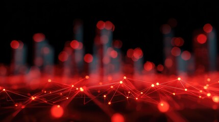 Luminous Red Plexus Network Spanning a Futuristic Bokeh Cityscape at Night.
