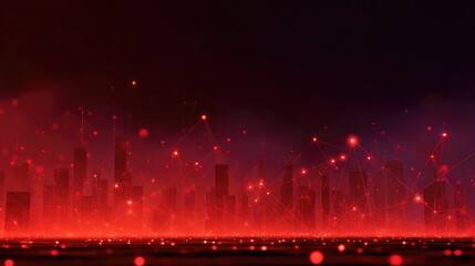 Glowing Red Plexus Network Over a Stylized Urban Landscape.