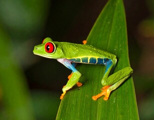 A vibrant red-eyed tree frog with bright green skin, blue and yellow flanks, and orange toes sits perched on a lush green leaf in its tropical habitat.