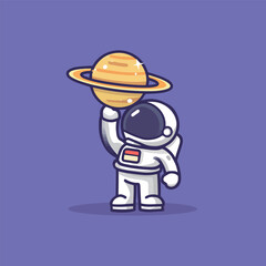 Cartoon Vector Illustration of an Astronaut Engaging in Play with a Planet Ball Set Against a Nature Background