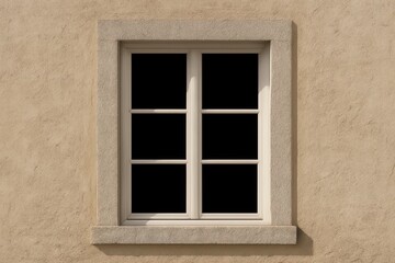 Simple white window set in a beige textured wall with stone trim.