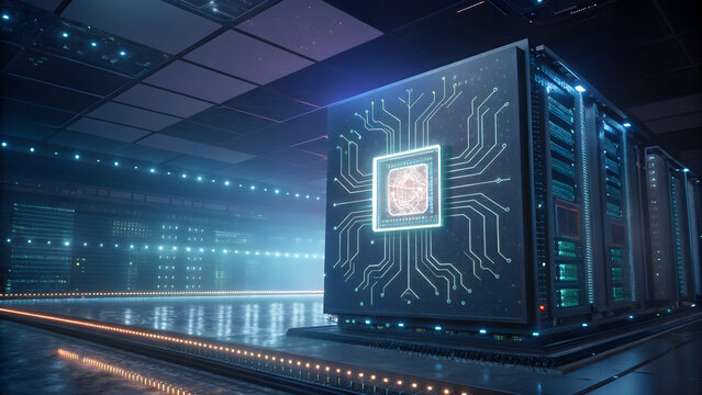 Advanced server room showcases powerful AI chip with glowing circuit pathways