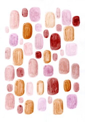 Watercolor abstraction, consisting of many rounded and rectangular shapes with soft edges. The palette is kept in warm and powdery neutral shades: pink, terracotta, light brown, burgundy, lilac.
