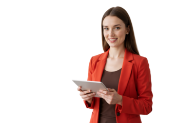Confident woman in a red blazer smiles while holding a tablet, exuding professionalism against a transparent background (PNG).