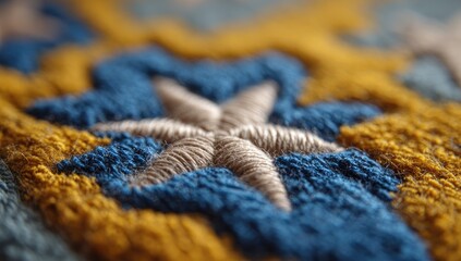 Close-up of embroidered star pattern on textured fabric