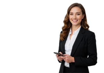Professional woman with long wavy hair wearing black jacket, holding phone, confident and communicative on transparent background (PNG).
