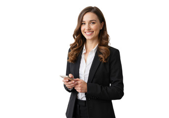 Professional woman with long wavy hair wearing black jacket, holding phone, confident and communicative on transparent background (PNG).

