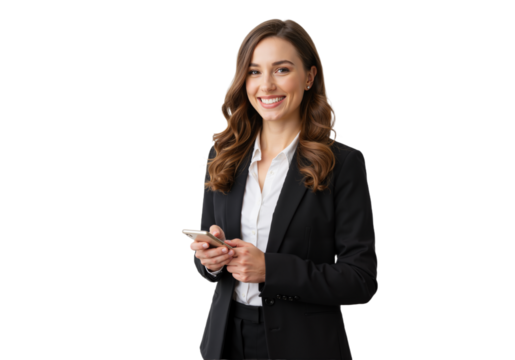 Professional woman with long wavy hair wearing black jacket, holding phone, confident and communicative on transparent background (PNG).
