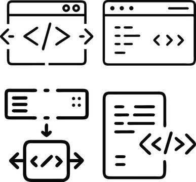 A set of four line art icons illustrating different aspects of coding and software development, including code windows and data flow.